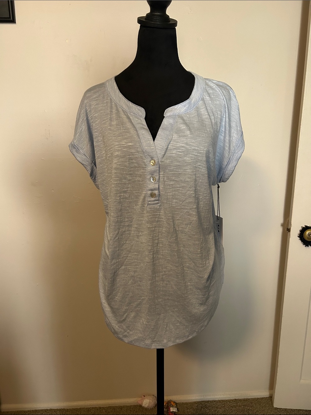 Three Dots Light Blue Short Sleeve Henley Top